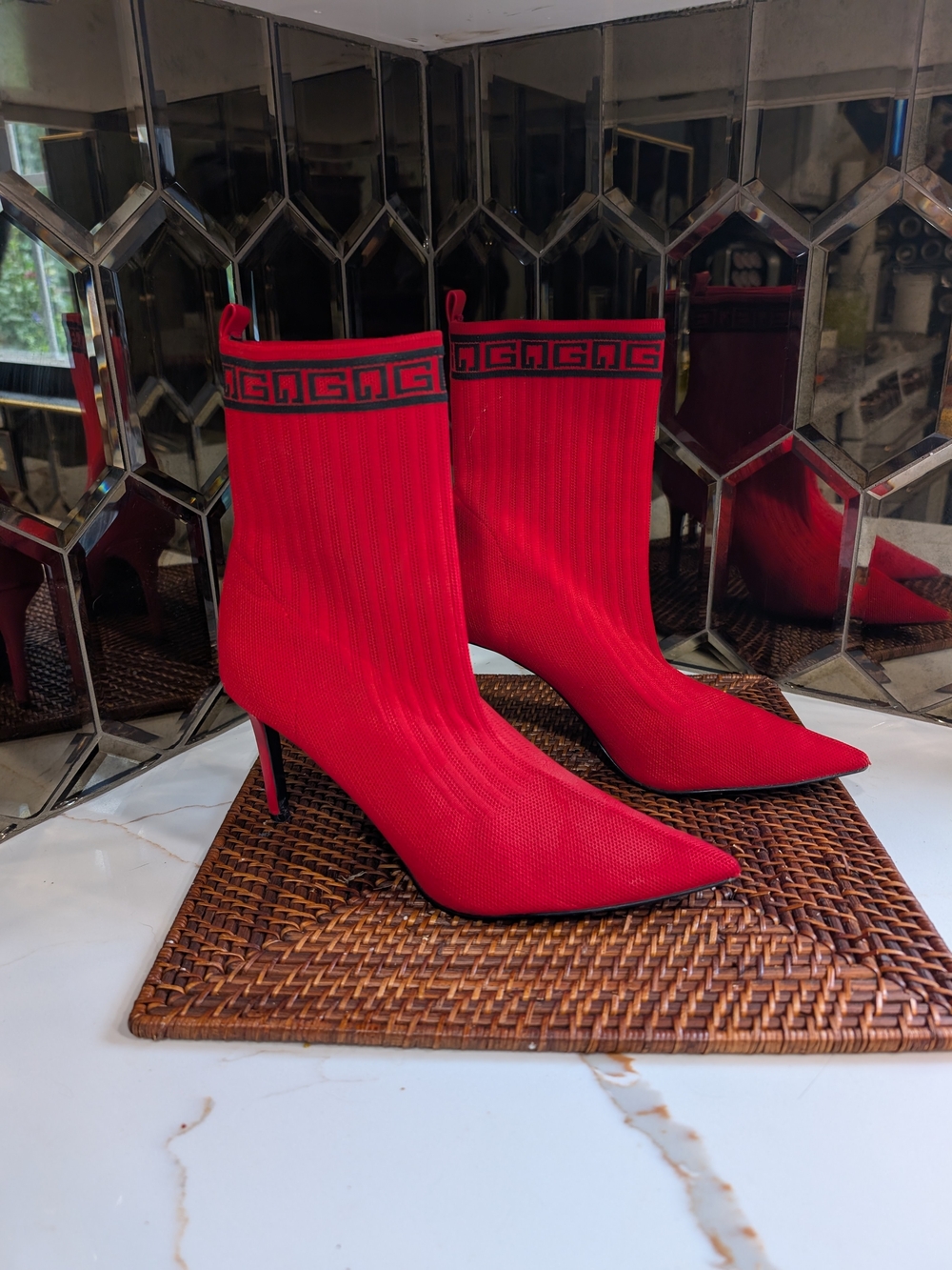 Guess Red Pointed-Toe Stiletto Sock Booties with Black Trim
